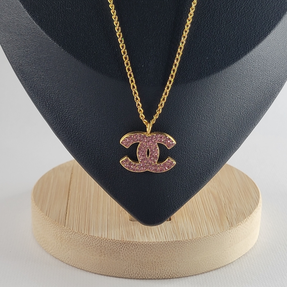 CHANEL CC Logo Gold Tone with Pink Rhinestone Necklace - Picture 4 of 11